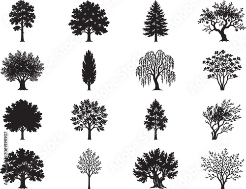 Mixed Tree Silhouette Collection Featuring Oak Pine Willow and Decorative Trees