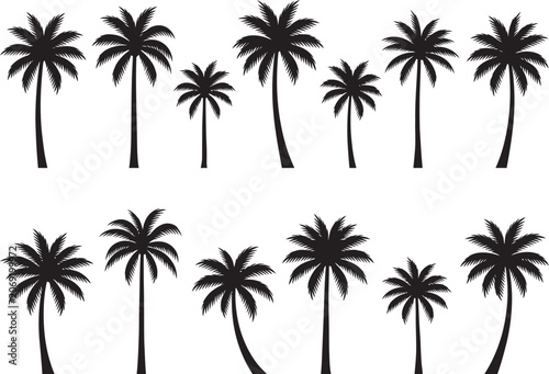 Coconut Palm Tree Silhouette Set with Tropical Beach and Island Tree Designs