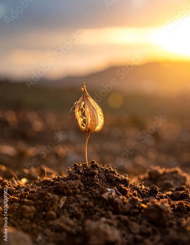 Single seedling growing in dry earth at sunrise with soft light
