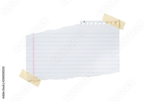 Torn piece of lined notebook paper secured with tape isolated on transparent background for notes