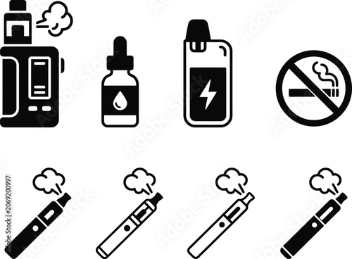 Electronic cigarette and vape vector icon set, minimal black solid glyph stickers pack with box mod e-liquid bottle vape pen and no smoking sign