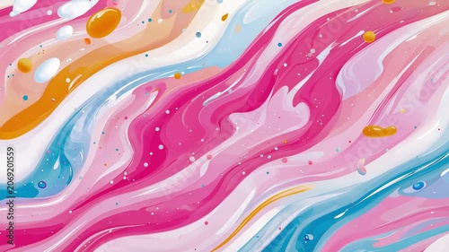 Abstract Fluid Motion Featuring Vibrant Swirls of Pastel Pink and Cyan Liquid Blended with Golden Spheres in Dynamic Artistic Expression of Color and Flow