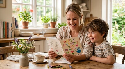 Mother and son reading handmade mother's day card at kitchen table