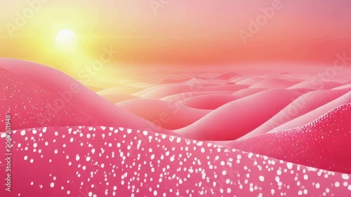 Surreal abstract landscape featuring rolling pink hills with sparkling particles under warm golden sun in hazy orange sky, evoking dreamy and serene atmosphere of soft waves.