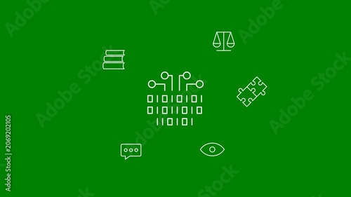 AI Components of Intelligence: Learning, Reasoning, Problem Solving, Perception, and Language - Minimal Flat Design Motion Graphics Clip, Green Screen, Loopable, 7.5% Gray