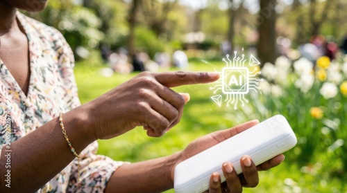 African american woman interacting with virtual AI chip interface on mobile device. Digital assistant and artificial intelligence technology concept outdoors in spring park setting.