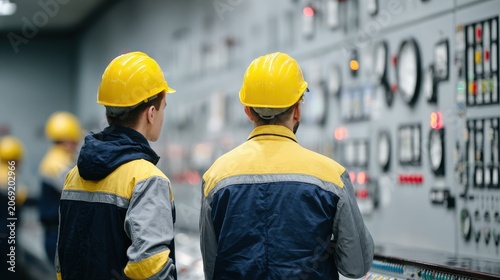 Engineers in Yellow Helmets Observing Control Room Equipment