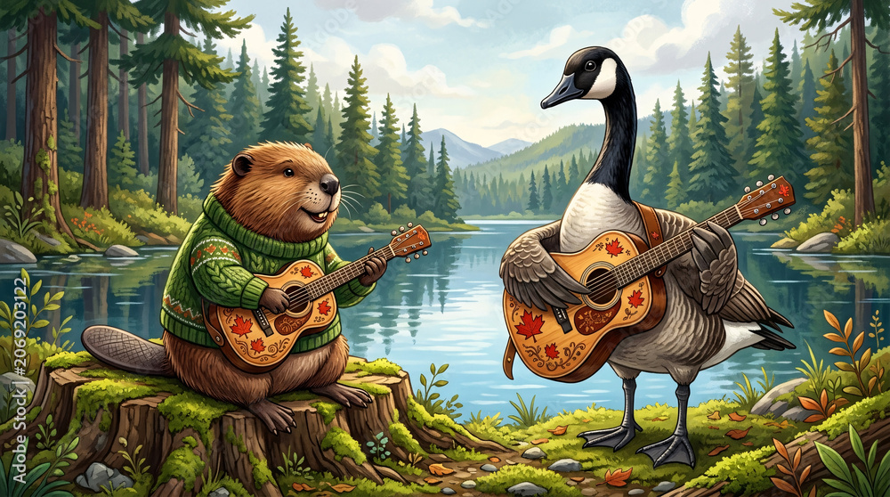 Fototapeta premium A Canadian beaver wearing a green knit sweater and a Canada goose are playing acoustic guitars together near a scenic forest lake Isolated on transparent background