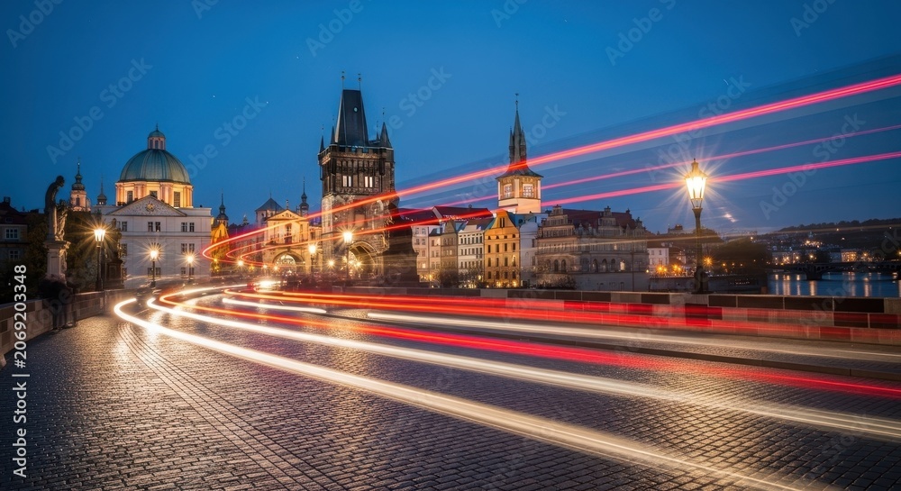 Obraz premium Prague Old Town Bridge Tower and Charles Bridge at Dusk with Light Trails.