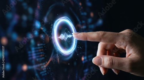Woman finger touching digital interface with glowing voice assistant wave. Ai technology and innovation concept. Chatbot communication and interactive virtual data control for business.