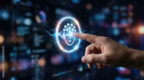 Man touching virtual artificial intelligence head icon. Digital chatbot assistant interface. Neural network and machine learning technology for modern business process automation concept.