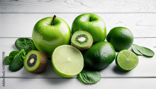 Green Fruits Like Apple Lime Spinach And Kiwi Laid Out On A White Wooden Table For A Nutritious Fruit Smoothie Promoting Detox And Wellness