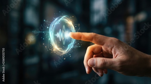 Man finger touching virtual voice assistant interface with glowing sound wave. AI technology and digital communication concept. Innovation in speech recognition and smart control system.
