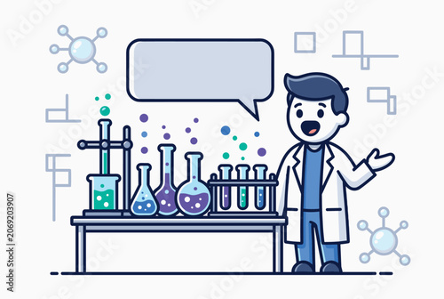 Young male cartoon scientist stands in a laboratory with colorful test tubes and a blank speech bubble above.