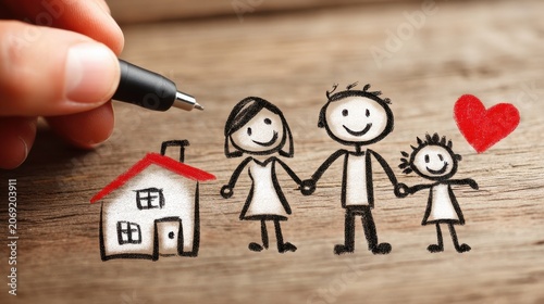 Hand Drawing Family with Red Heart and House on Wooden Surface