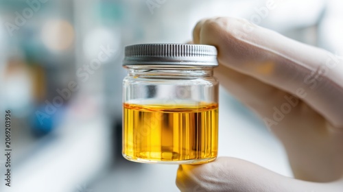 Hand Holding Small Glass Jar Containing Yellow Liquid in Laboratory