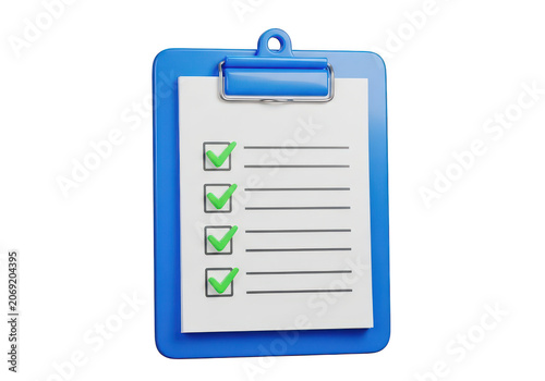 Blue clipboard with a checklist and green check marks isolated on a transparent background for tasks