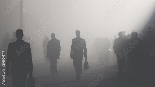 Mysterious Figures Walking in Foggy Urban Environment at Dusk