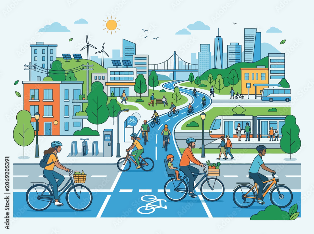 Naklejka premium Eco City Lifestyle: People cycling on bike paths in a green urban cityscape with modern buildings