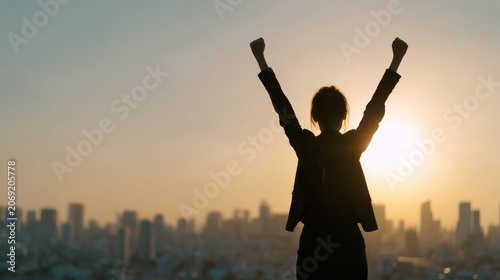 Silhouette of Woman Celebrating Success Against City Sunrise Backdrop