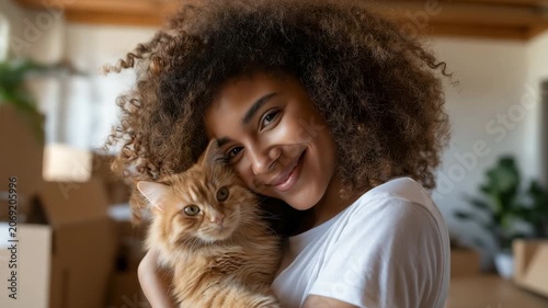 A woman with a cat in a new apartment, moving