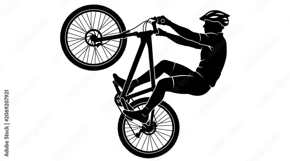 Naklejka premium Man Riding Sepeda Performing Tricks on Wheels in Air