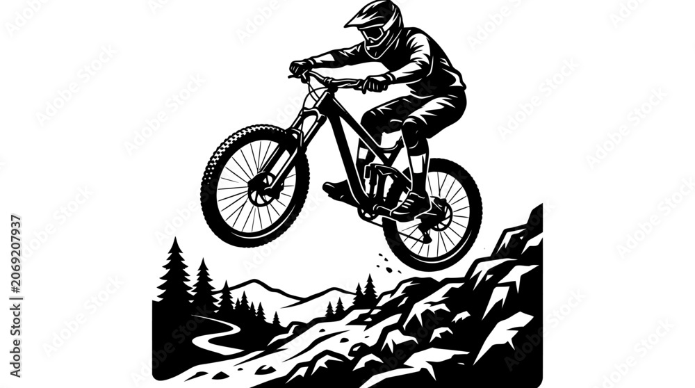 Obraz premium Mountain biker performs aerial stunt on sepeda bike down rocky trail