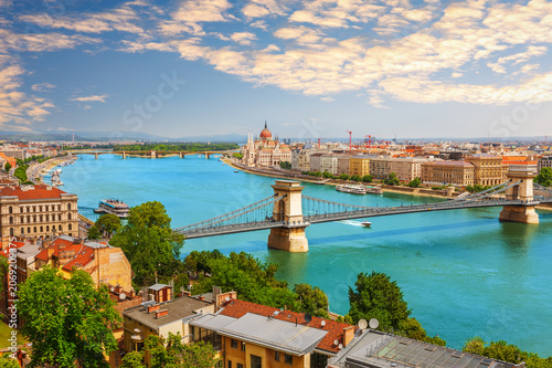 Beautiful Budapest landscape view of Hungarian parliament and historical Chain Bridge