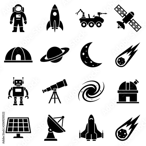 Φωτογραφία Sixteen black and white space exploration featuring a rocket, astronaut, planet,
