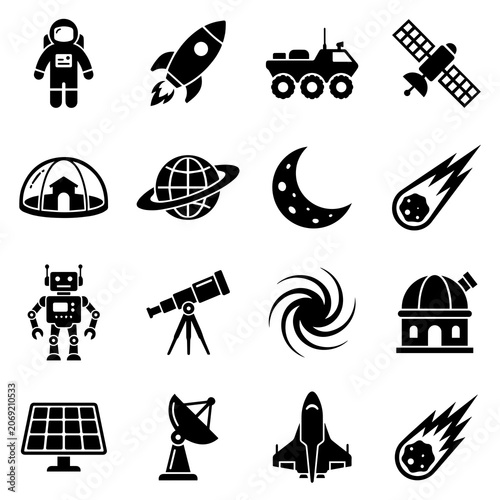 Εκτύπωση καμβά Sixteen black and white space exploration featuring a rocket, astronaut, planet,