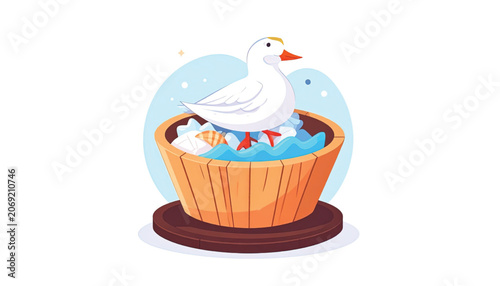 White duck in wooden bathtub relaxing.