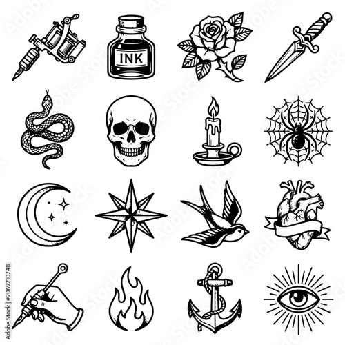Obraz na płótnie Collection of classic old school tattoo flash featuring a skull, rose, dagger, a