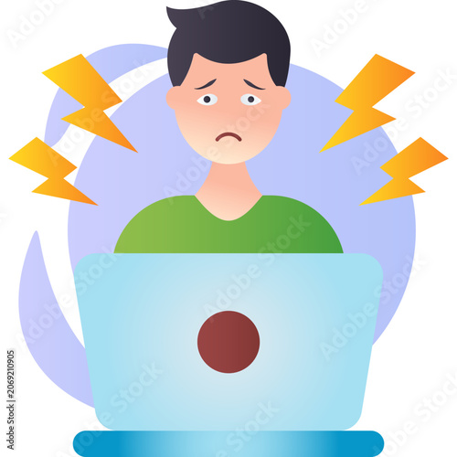 person sitting behind laptop with worried or stressed expression concept, Man losing job due to massive technological shift vector icon design, employee feeling under pressure stock illustration