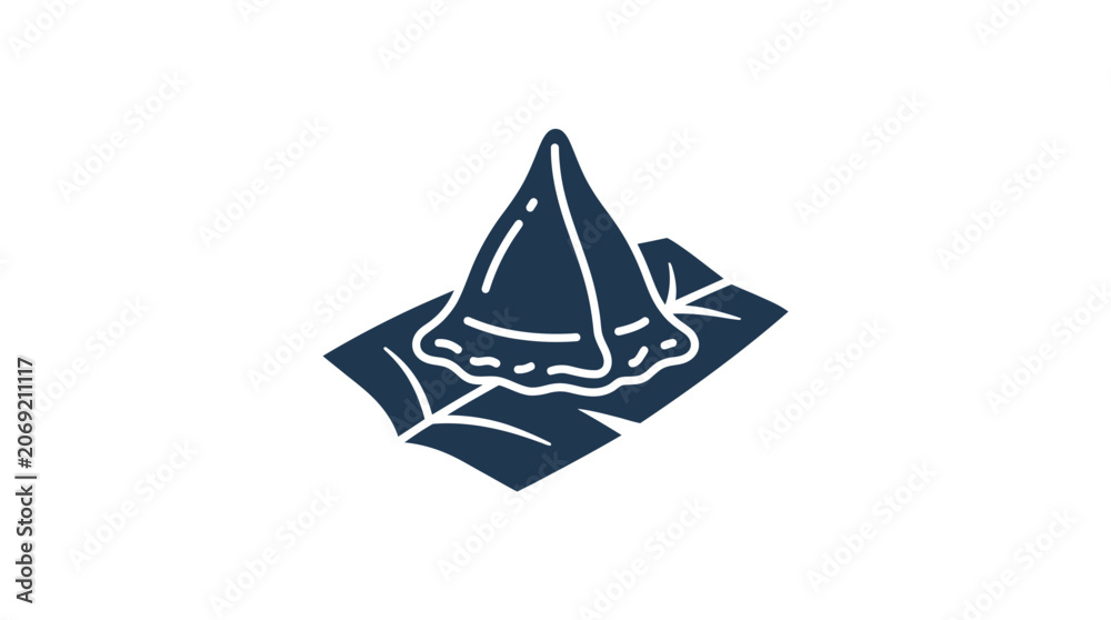 Fototapeta premium A stylized dark blue icon of a triangular samosa pastry sitting on a napkin.