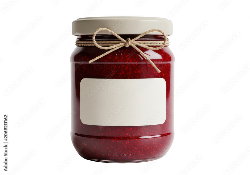 Obraz premium Glass jar filled with raspberry jam and blank label isolated on transparent background for food branding