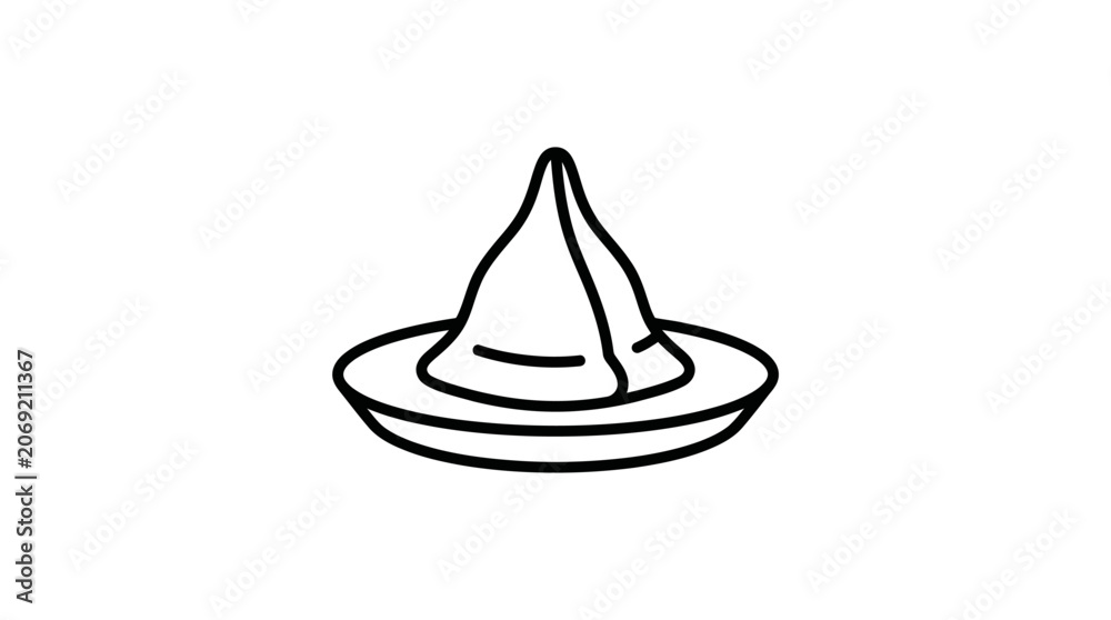 Fototapeta premium A simple black and white line art illustration of a single samosa served on a small plate.