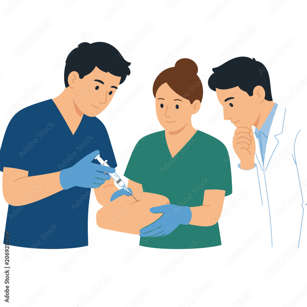 Obraz premium Medical professionals performing a vaccination procedure on a patient arm.