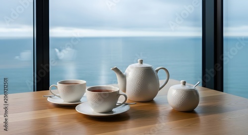 White ceramic tea set on wooden table with ocean view