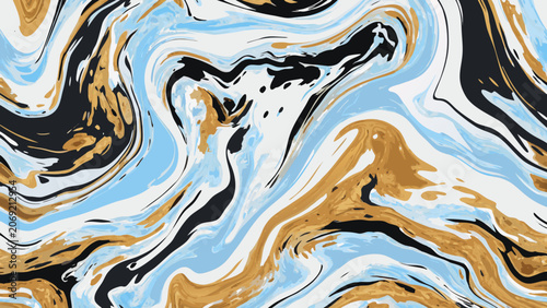 Foto Swirling fluid art composition featuring gold black and pale blue hues in a marb