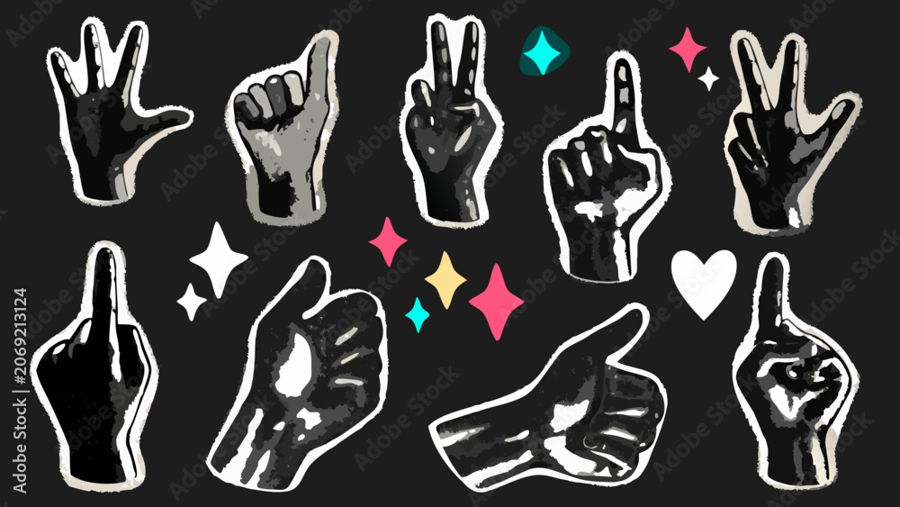 Fototapeta premium Illustrated hand signals with various gestures are depicted as a vector graphic on a dark background communication hands