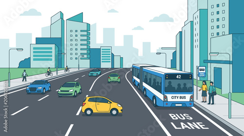 Modern City Traffic: Bus Lane, Cars, and Buildings