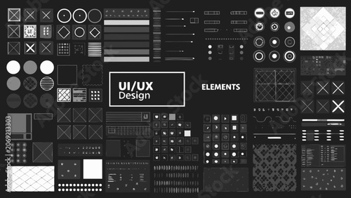 Collection of user interface elements and geometric shapes flat vector icons on a dark background design components graphics