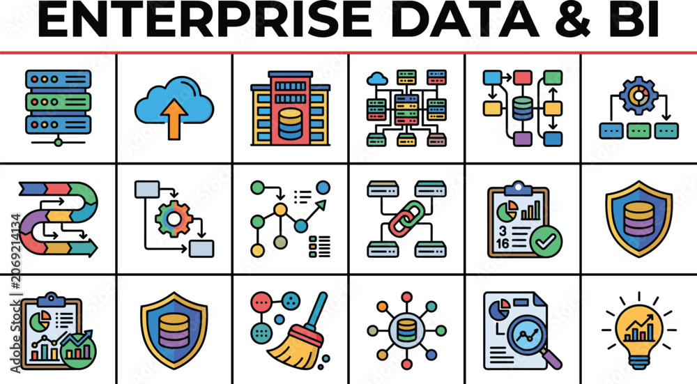 Fototapeta premium Enterprise data and business intelligence vector icon set featuring cloud server storage analytics workflow pipeline security architecture concepts