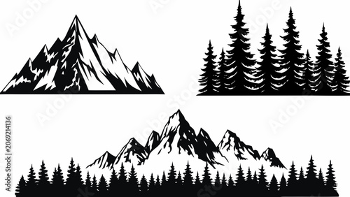 Canvastavla Mountain range and coniferous tree silhouettes against a white background a star