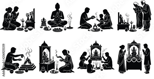 Konstfotografi Indian family performing hindu puja and religious prayer rituals vector silhouet