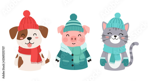 Cute cartoon dog pig and cat wearing winter hats and scarves illustration.
