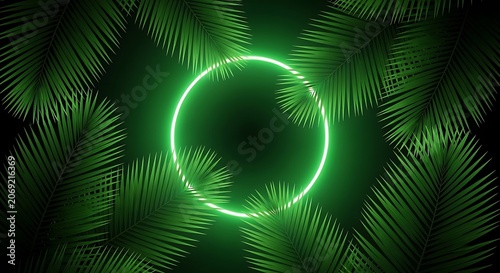 Abstract green glowing circle with light rays on a dark background