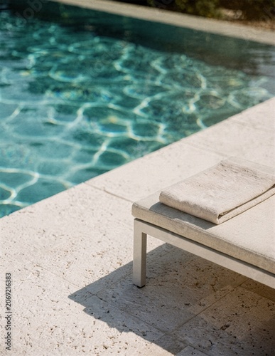 Fotografía Minimal poolside lounge chair beside clear blue water on sunny terrace