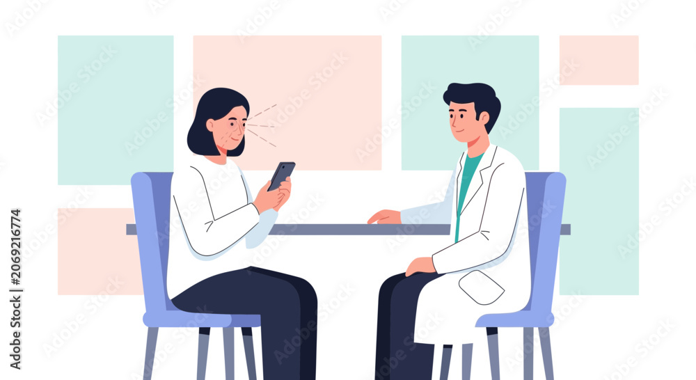 Fototapeta premium Doctor reviewing patient's phone in medical consultation room