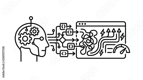 A line art illustration depicting artificial intelligence processing complex code and data.